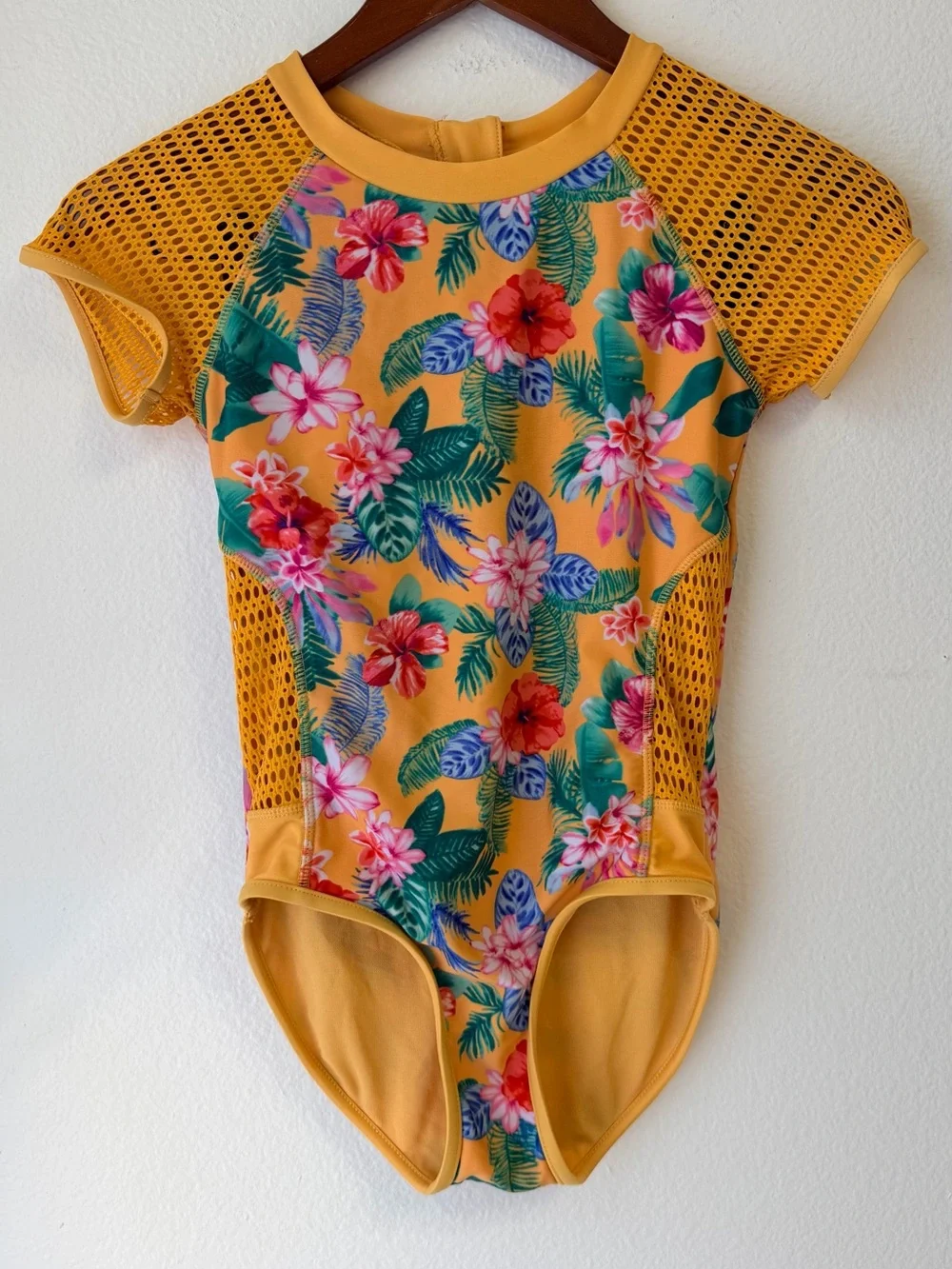 art class Yellow Floral Mesh-Sleeve Kids One-Piece